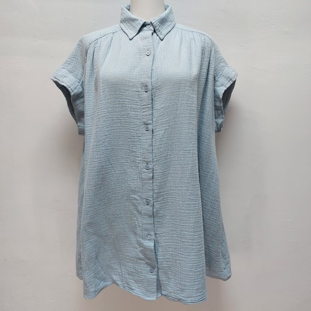 Little Moon Light Blue Button-Down Short Sleeve Top
